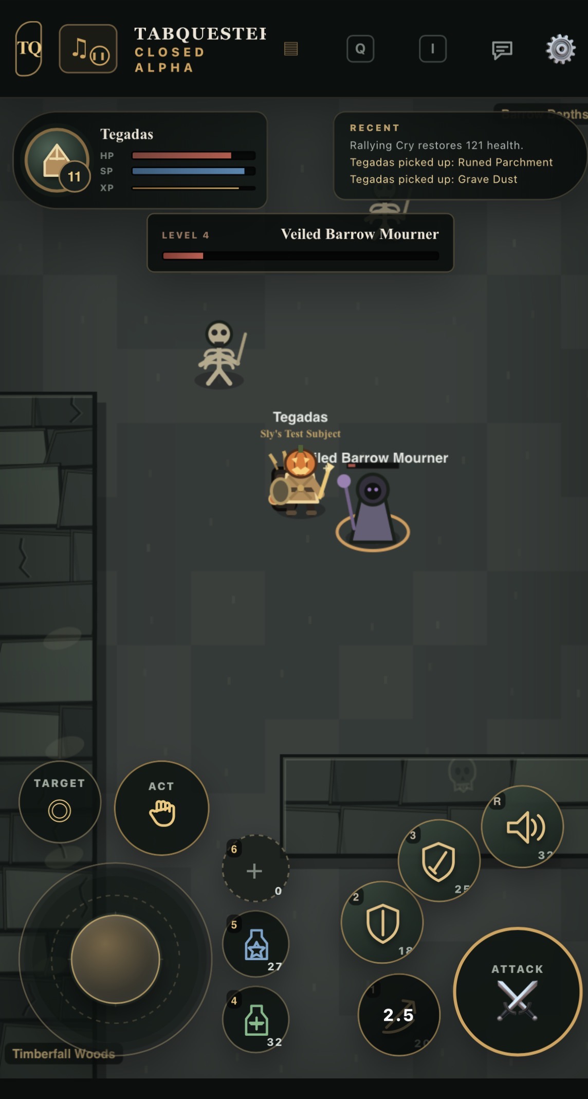 Current TabQuester mobile gameplay showing the joystick and curved combat controls.